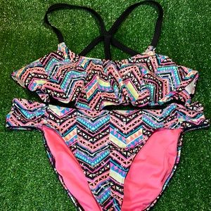 PINK Geometric Strappy Back Flounce Bikini Top and Bottoms!